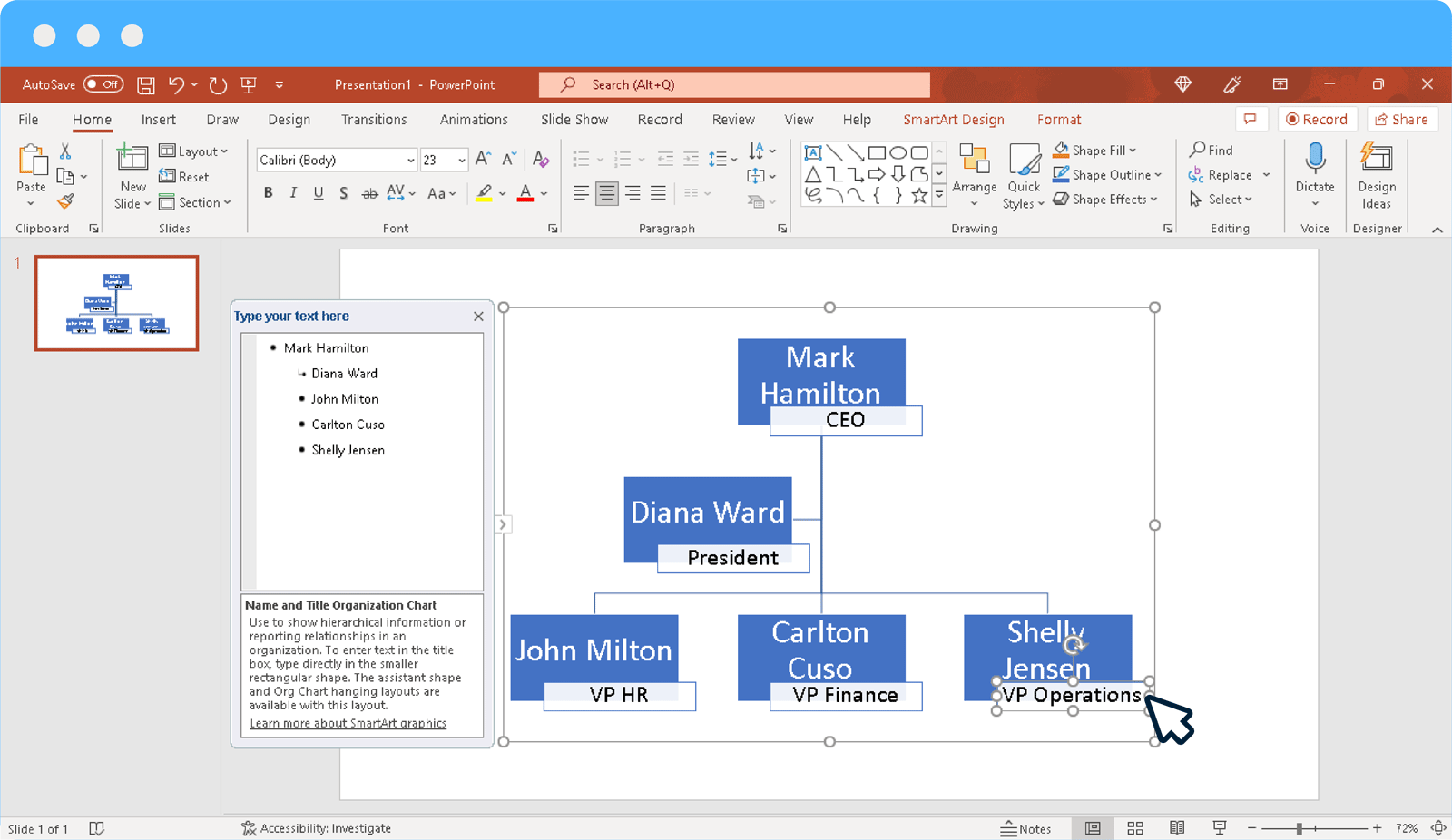 Editing SmartArt hierarchy to include specialized reporting lines
