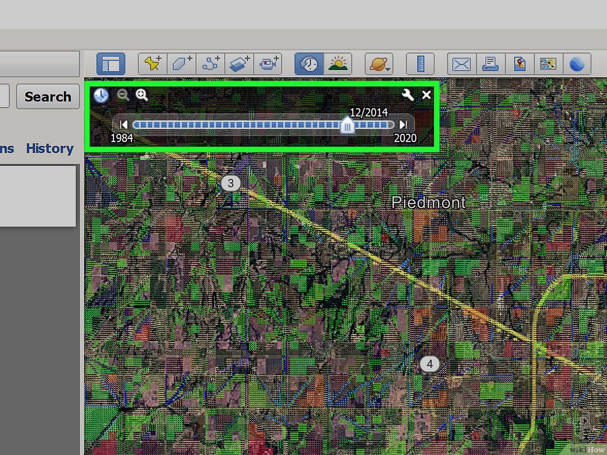 Screenshot showing the timeline slider and clock icon used to go back in time on desktop maps