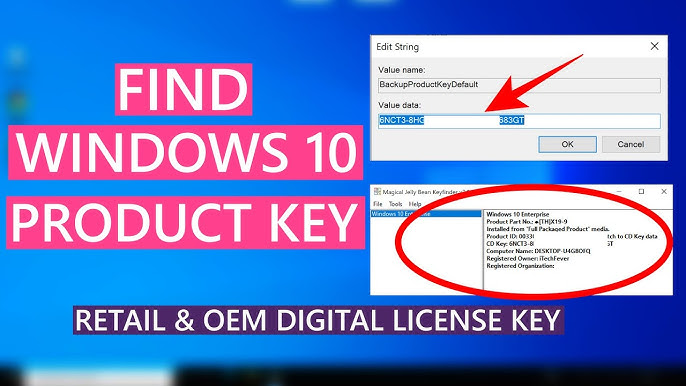 Command Prompt window showing the wmic command and a successful 25-character product key return