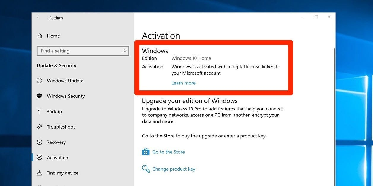 Windows 10 Activation settings screen showing Windows is activated with a digital license linked to your Microsoft account