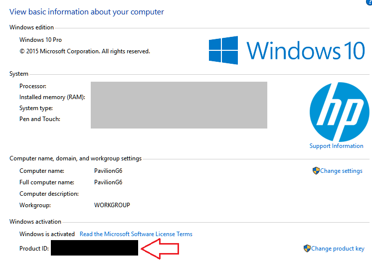 Windows 10 system properties showing activation status