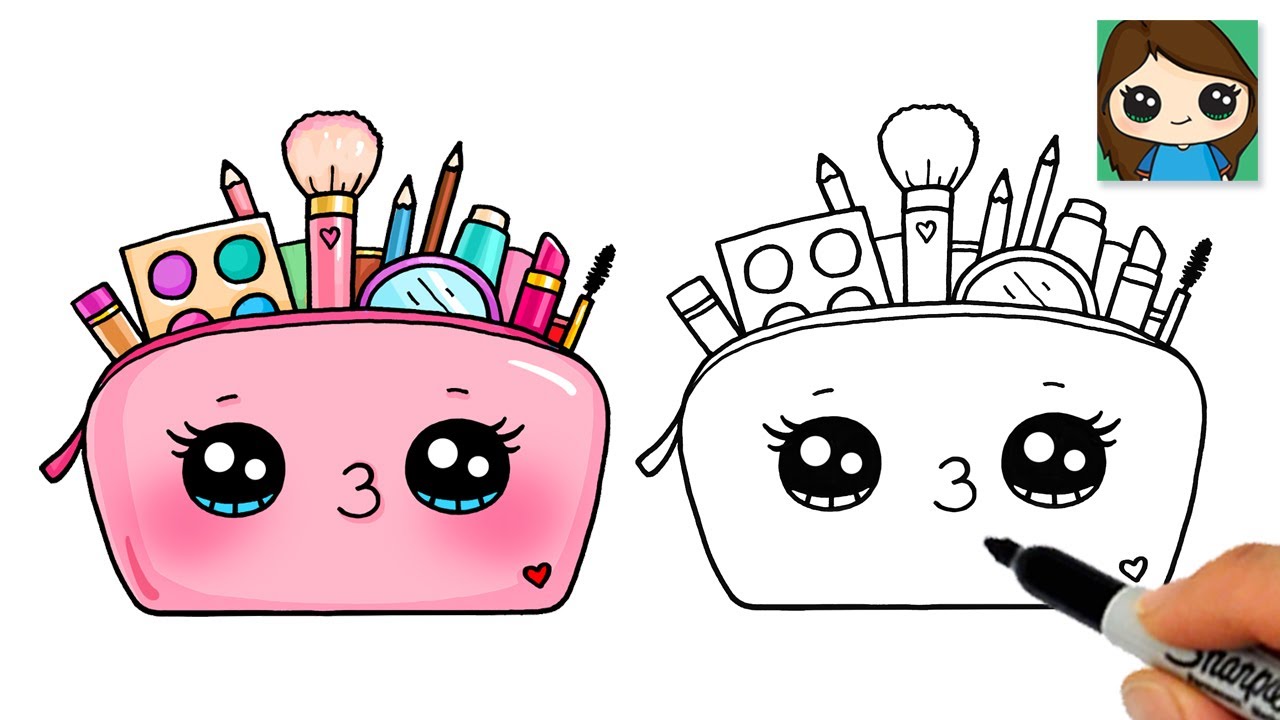 Illustration showing how to draw a makeup beauty bag with basic shapes