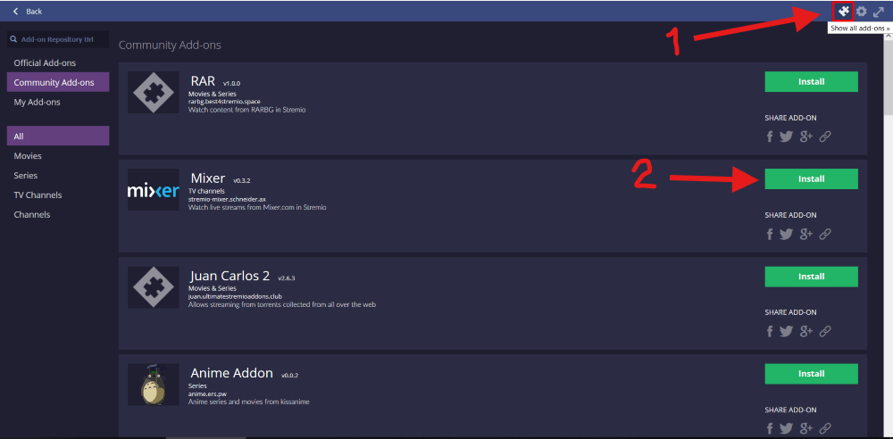 A visual representation of various Stremio addons available in the community catalog
