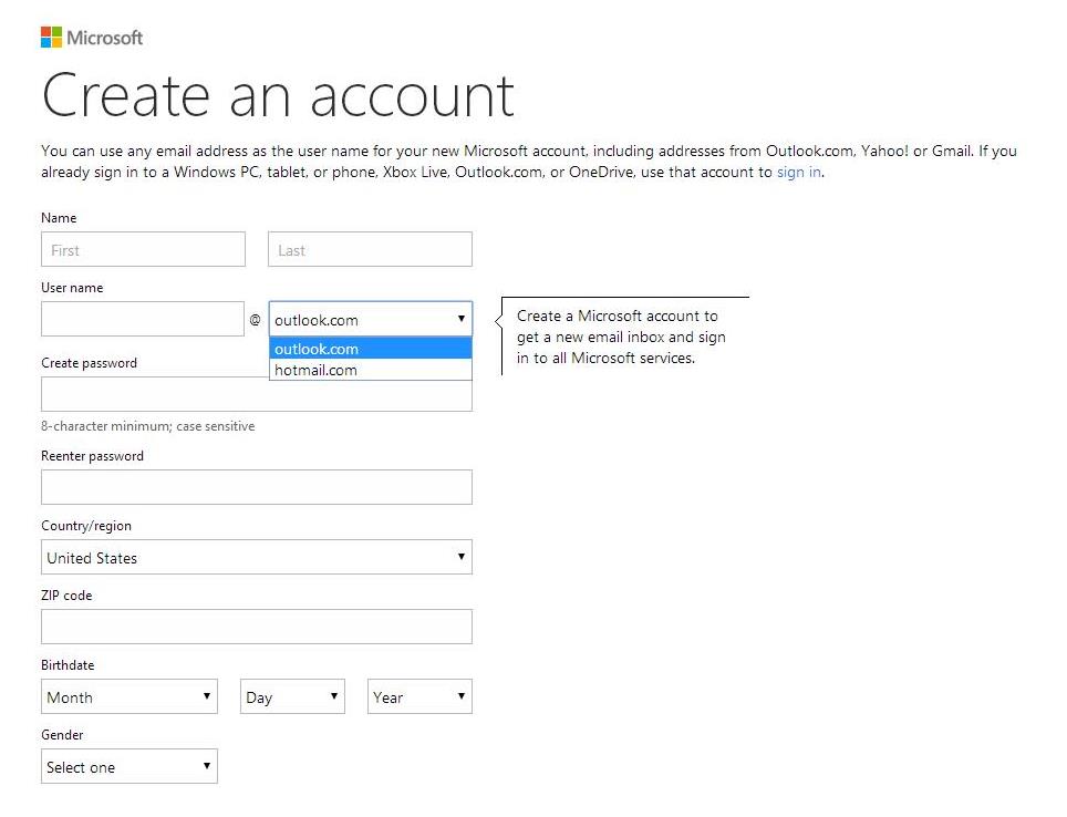Error message showing inability to create a new live.com domain email