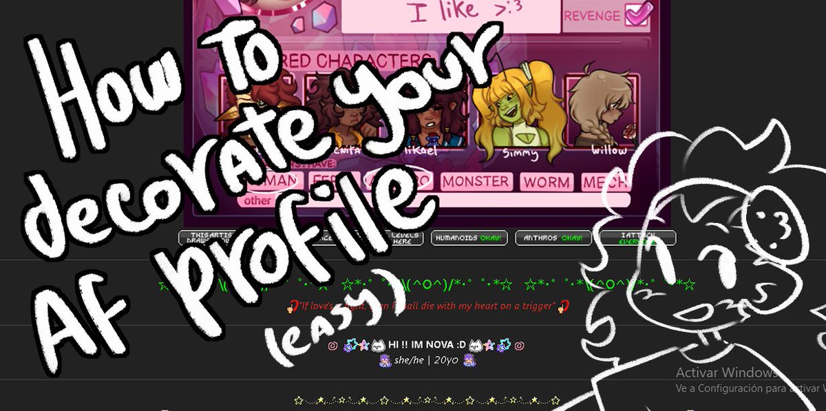 A Twitter thread graphic explaining how to easily decorate an ArtFight profile