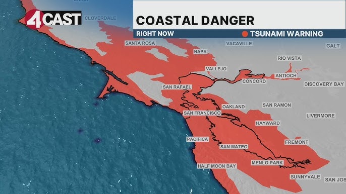News broadcast graphic showing a Tsunami Warning in effect for the Bay Area coast after a 7.0 magnitude earthquake