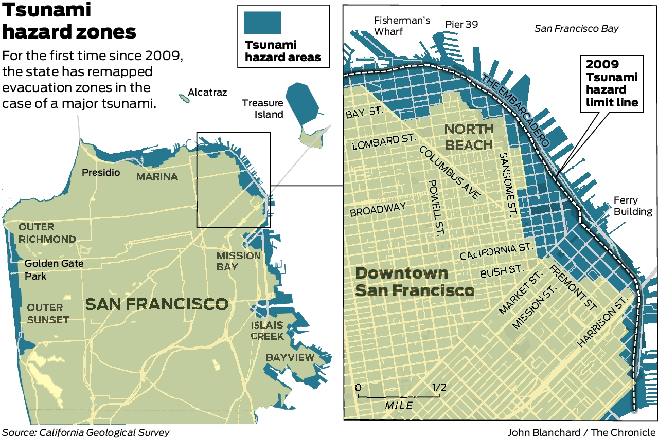 Map showing Downtown San Francisco and North Beach included in Bay Area tsunami hazard zones