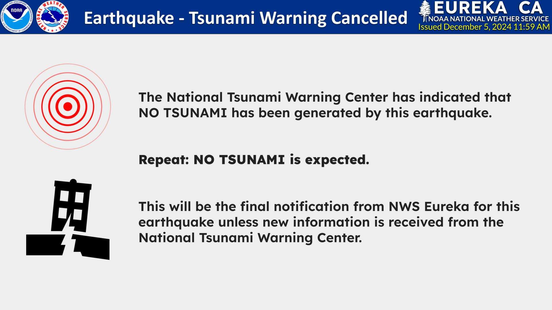 News headline showing a Tsunami warning canceled for San Francisco Bay and Northern California