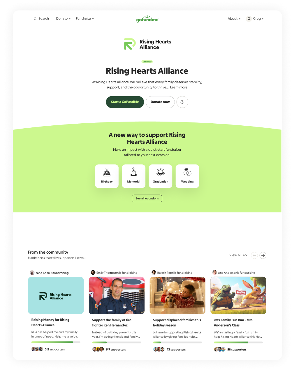 GoFundMe banner highlighting nonprofit and community fundraising moments