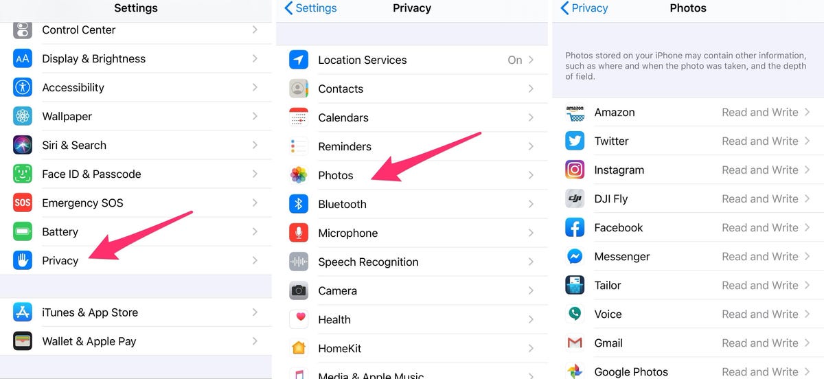 A user holding an iPhone navigating through the Privacy settings menu to manage app permissions