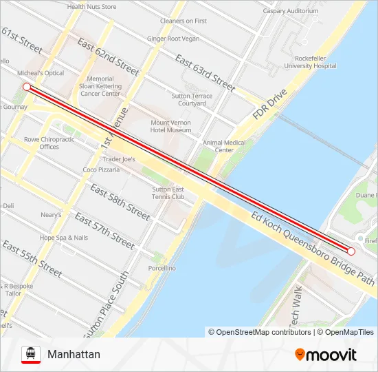 Map showing the Roosevelt Island Tram route between Manhattan and Roosevelt Island