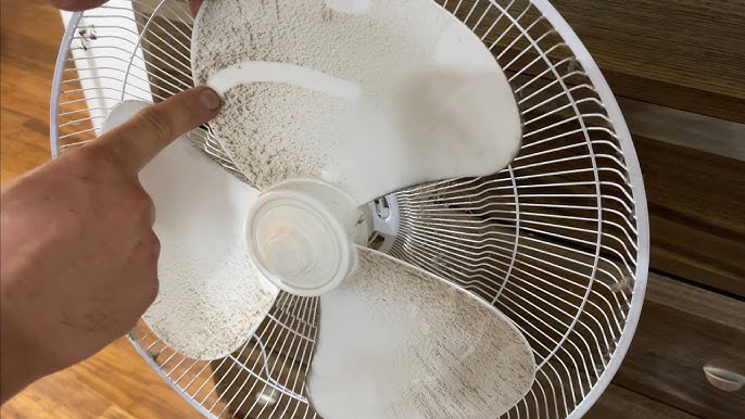 A disassembled box fan showing the plastic blades being washed separately from the motor housing