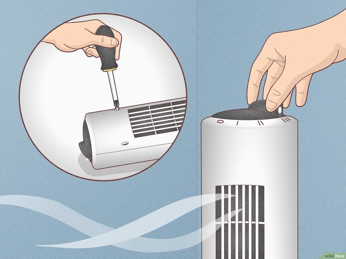 Using a vacuum cleaner attachment to clean the narrow vertical slats of a tower fan
