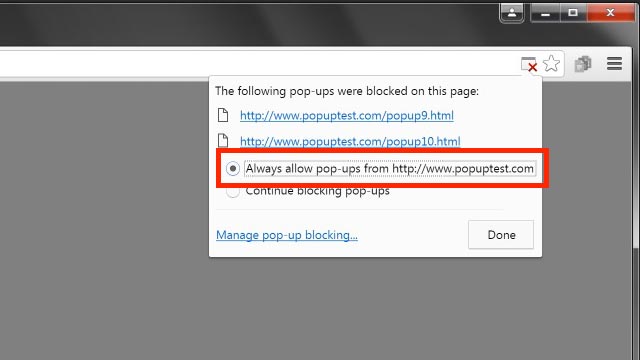 Screenshot showing the pop-up blocker settings menu in Google Chrome on a PC