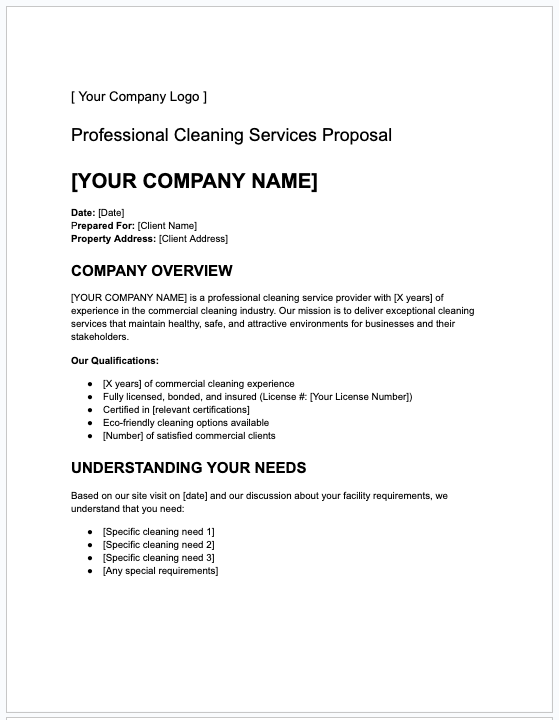 Professional cleaning services bid proposal template on a clipboard