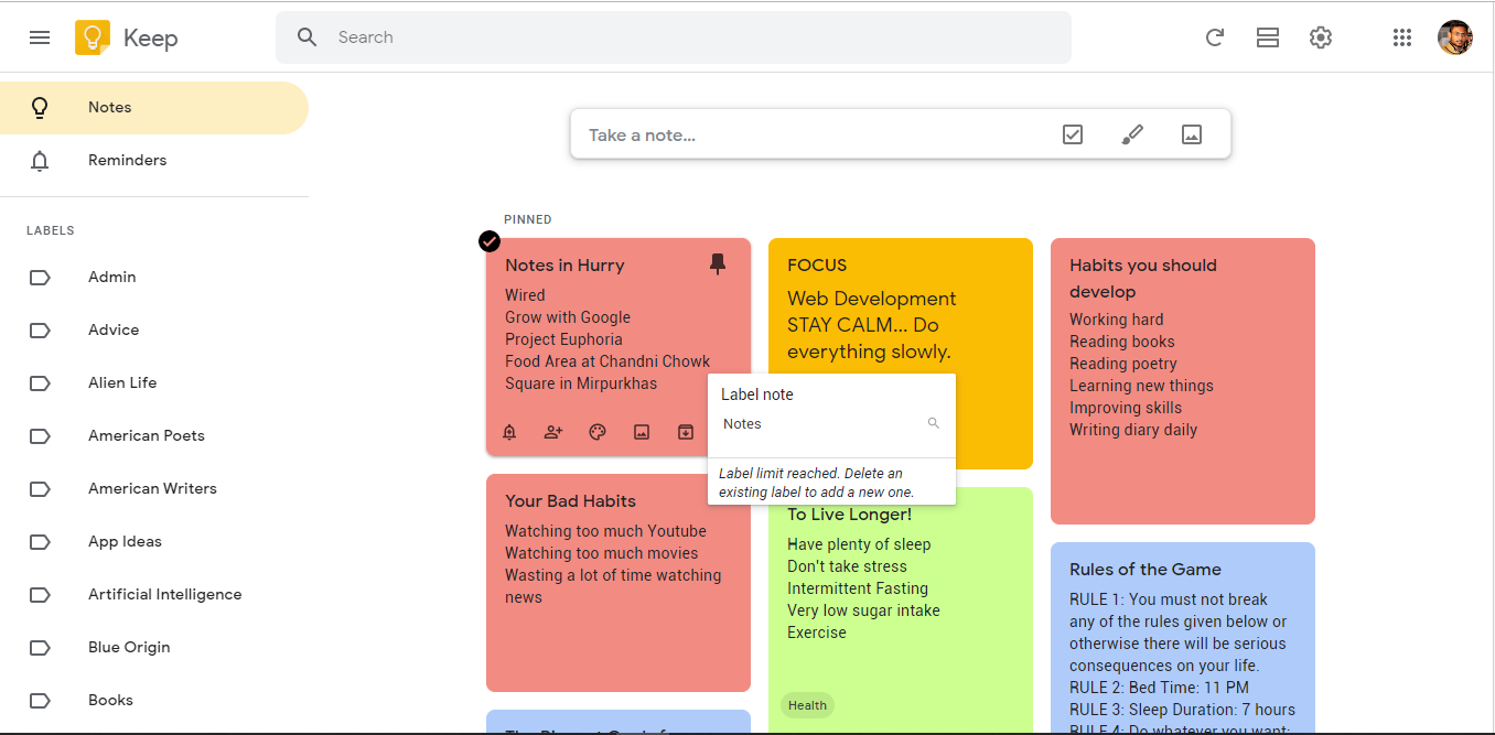 Google Keep desktop interface showing various notes and lists