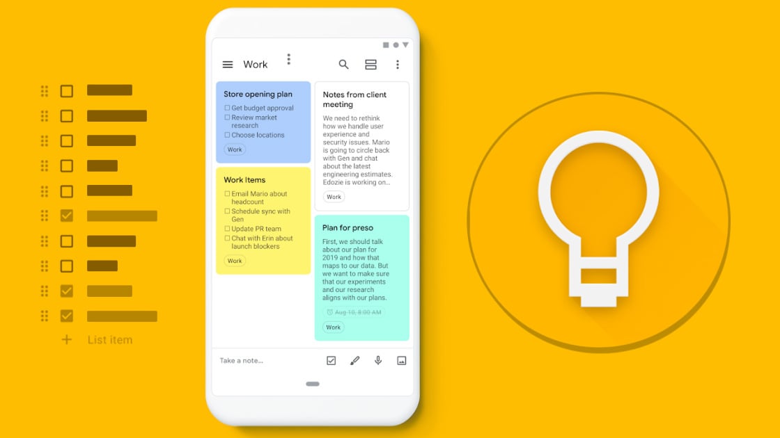 Grid view of Google Keep showing color-coded notes