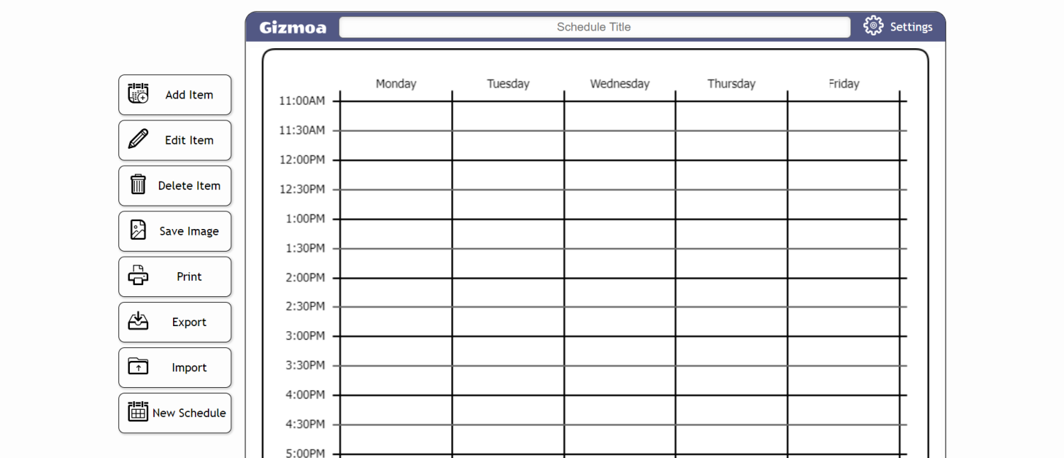 Interface of a digital college schedule maker showing a weekly grid