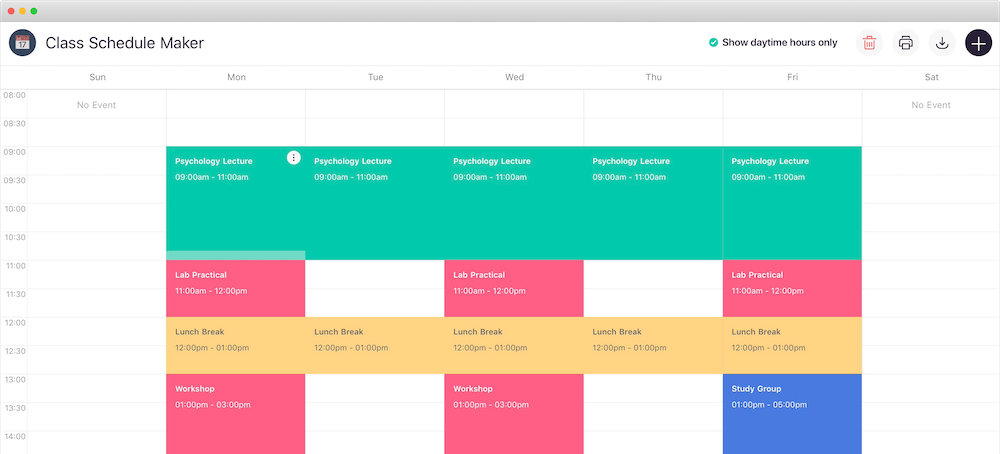 A generic weekly schedule grid showing classes with buffer times between them