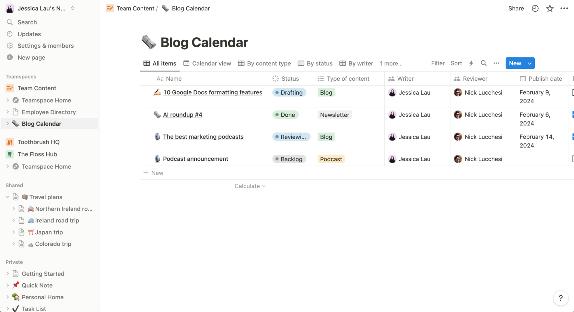 Diagram showing the Notion interface with a sidebar of pages and a main workspace area