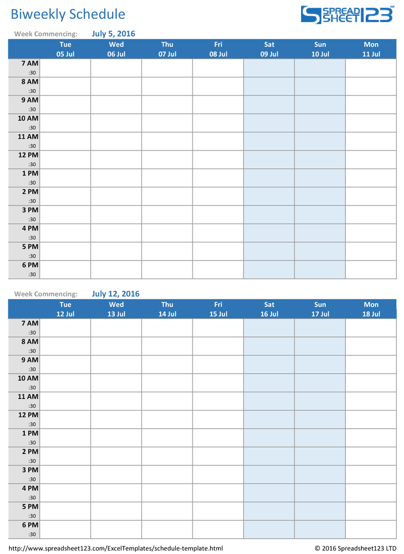 Printable bi weekly schedule template showing 14 day intervals