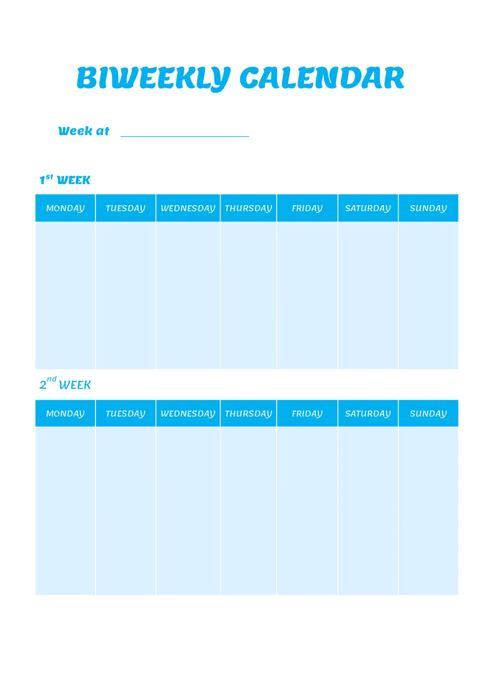 Google docs biweekly calendar template showing structured planning