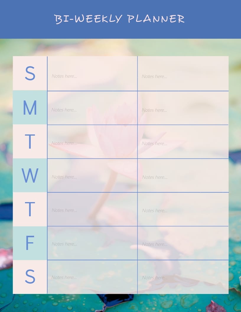 Bi weekly planner schedule template showing goal tracking
