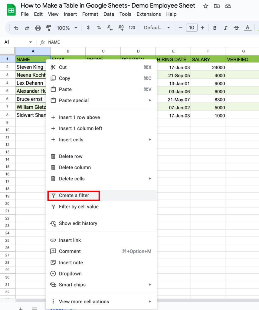 How to Make Table in Google Spreadsheet