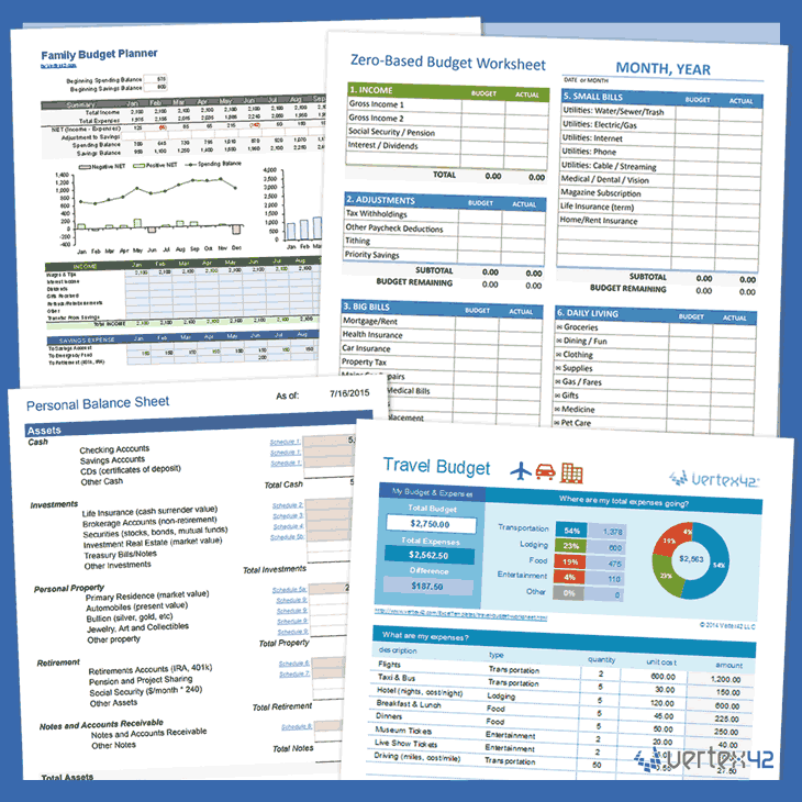 A collection of colorful Excel budget templates showing various spreadsheet layouts and charts