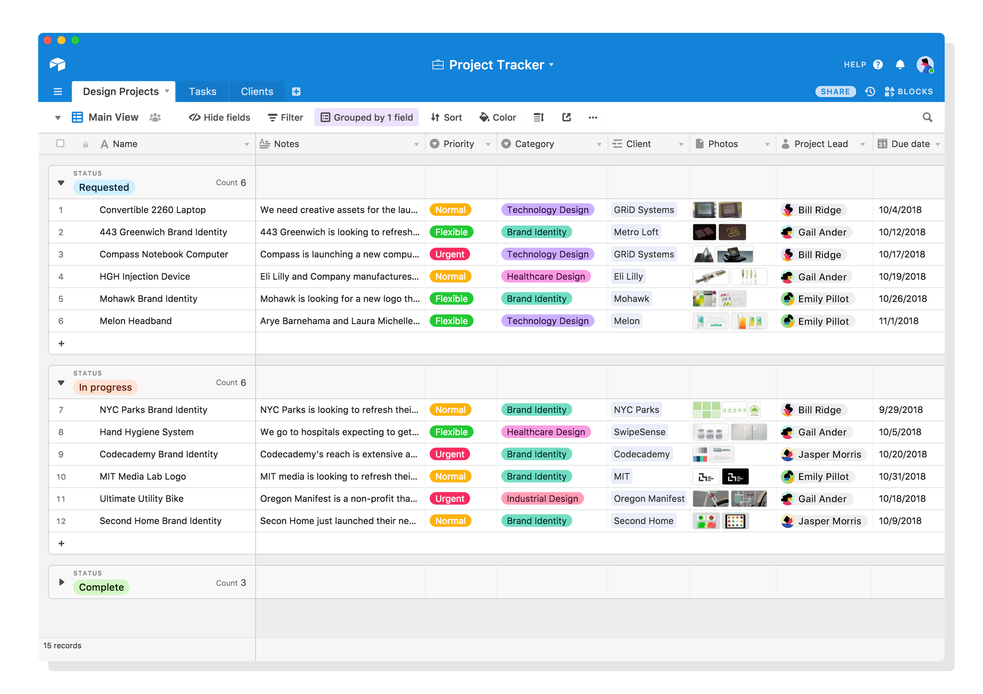Airtable Grid View showing structured relational data with color-coded fields