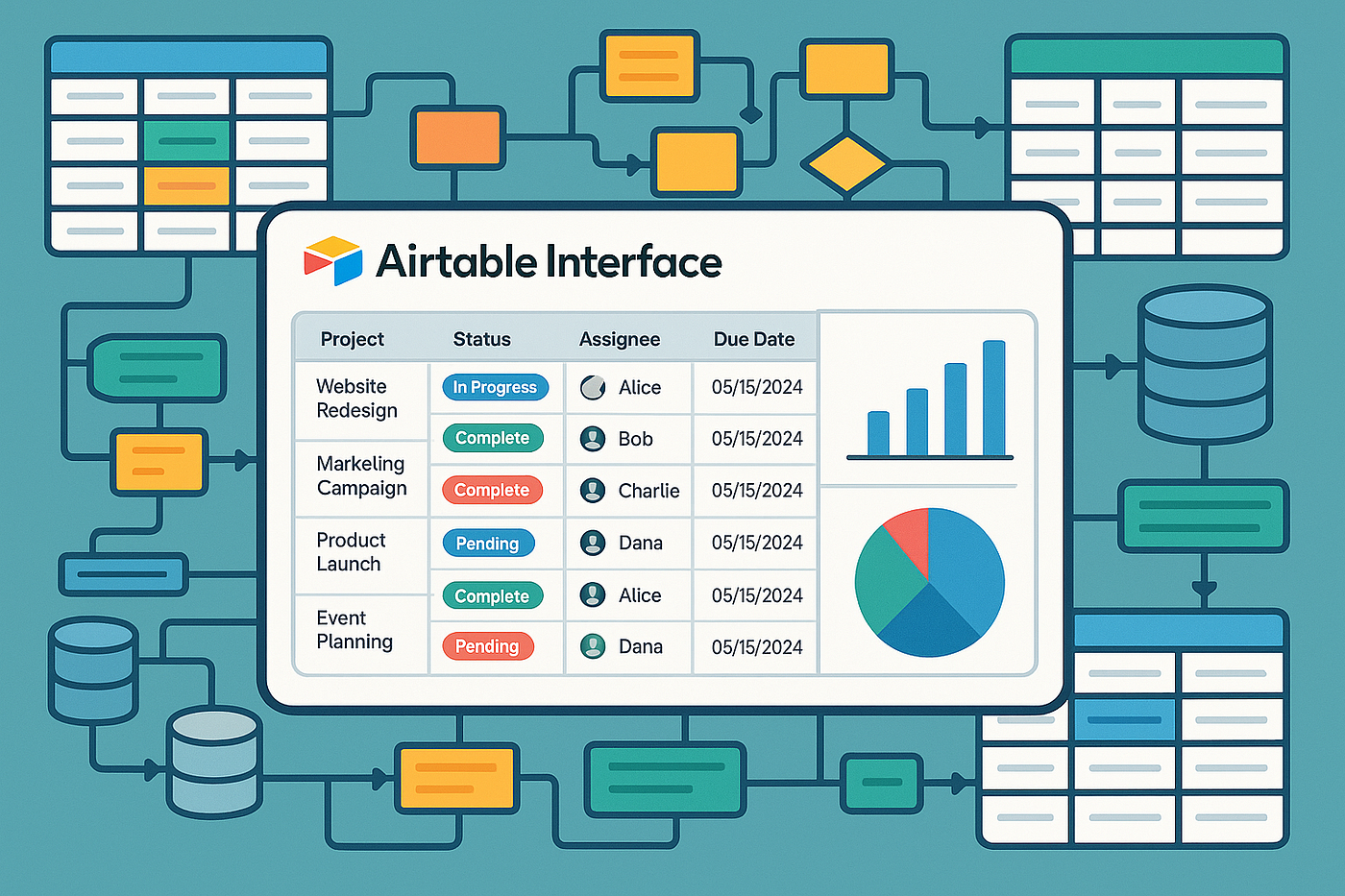 Airtable Interfaces showing custom dashboard layouts built on top of base data