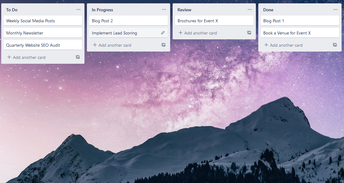 An Agile marketing Trello board example with sprint backlogs