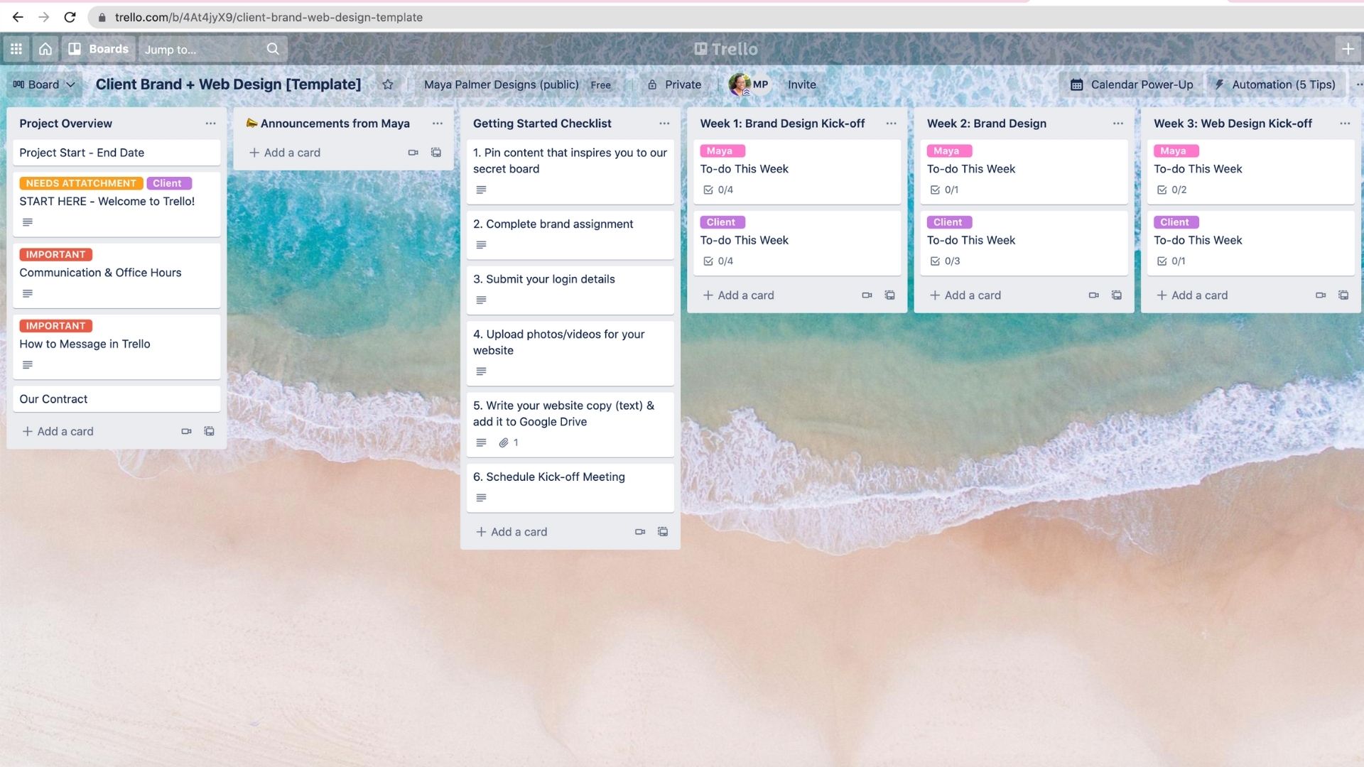 A client project Trello board showing clear communication stages