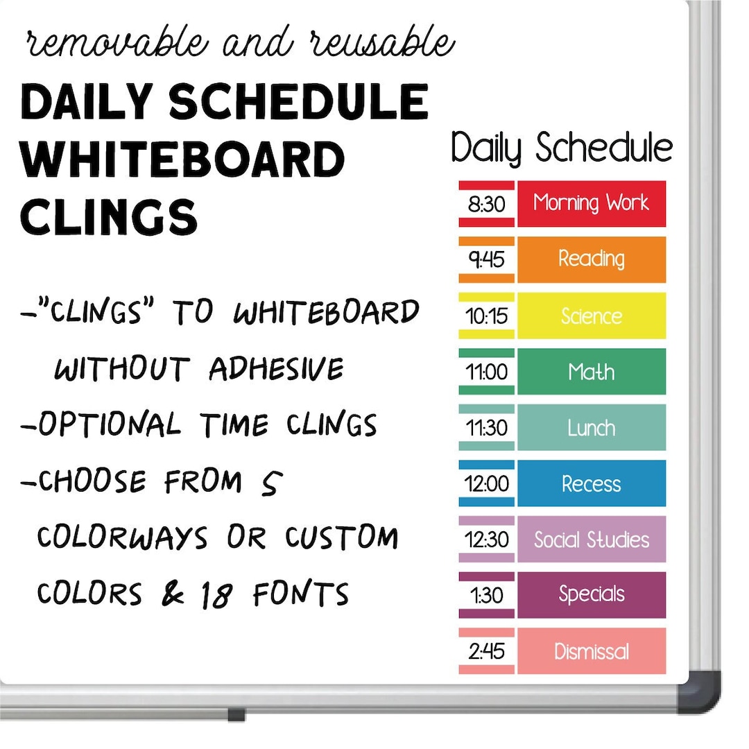 Classroom schedule whiteboard clings showing daily subjects