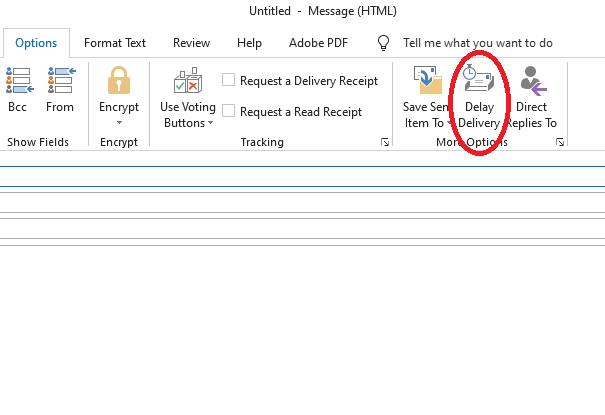 The Delay Delivery properties dialog box in Classic Outlook showing the 'Do not deliver before' checkbox