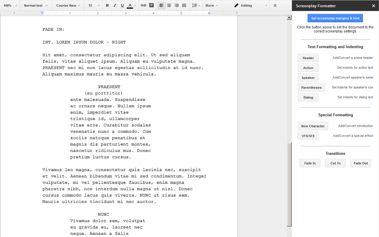 The Screenplay Formatter add-on sidebar in Google Docs showing formatting buttons