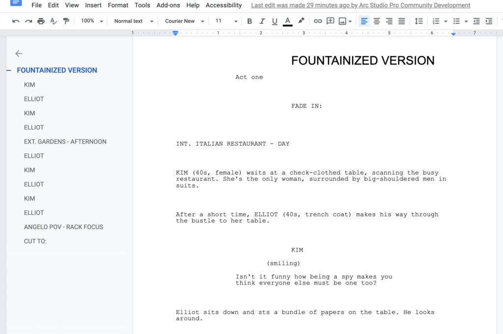 A script imported into a professional screenwriting software showing scene outlines