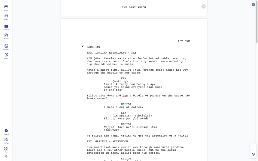 Collaborative editing interface showing comments and suggested edits on a script