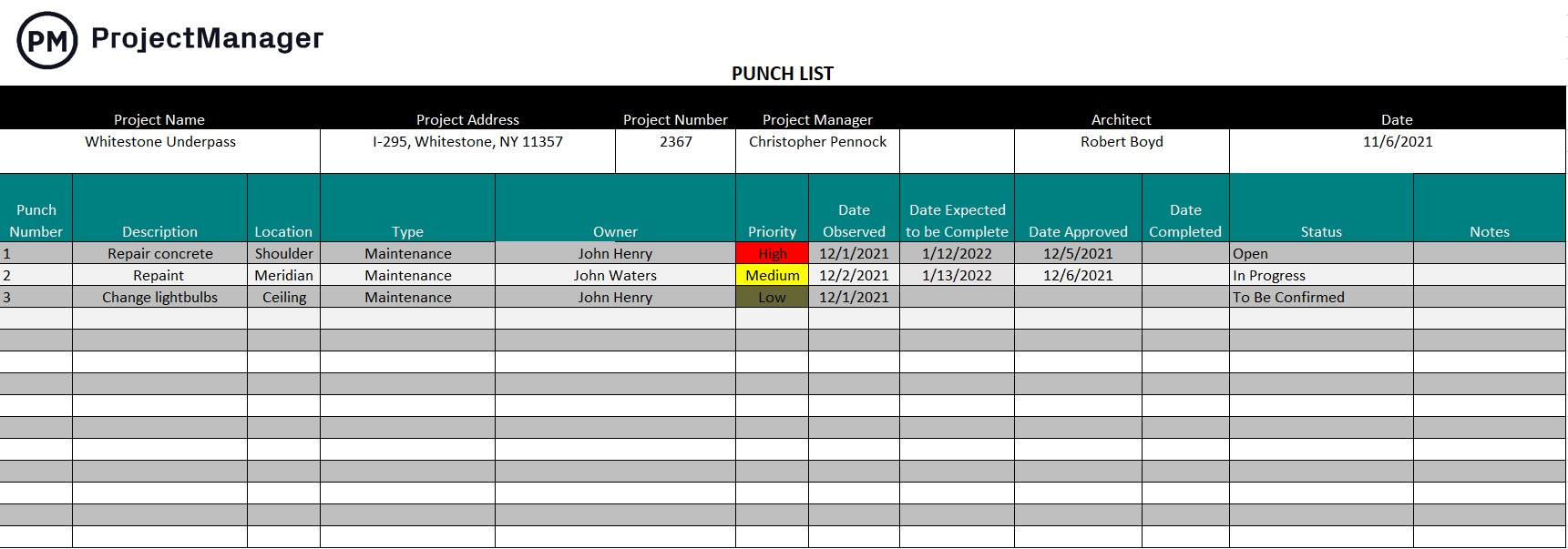 Free Construction Punch List Templates