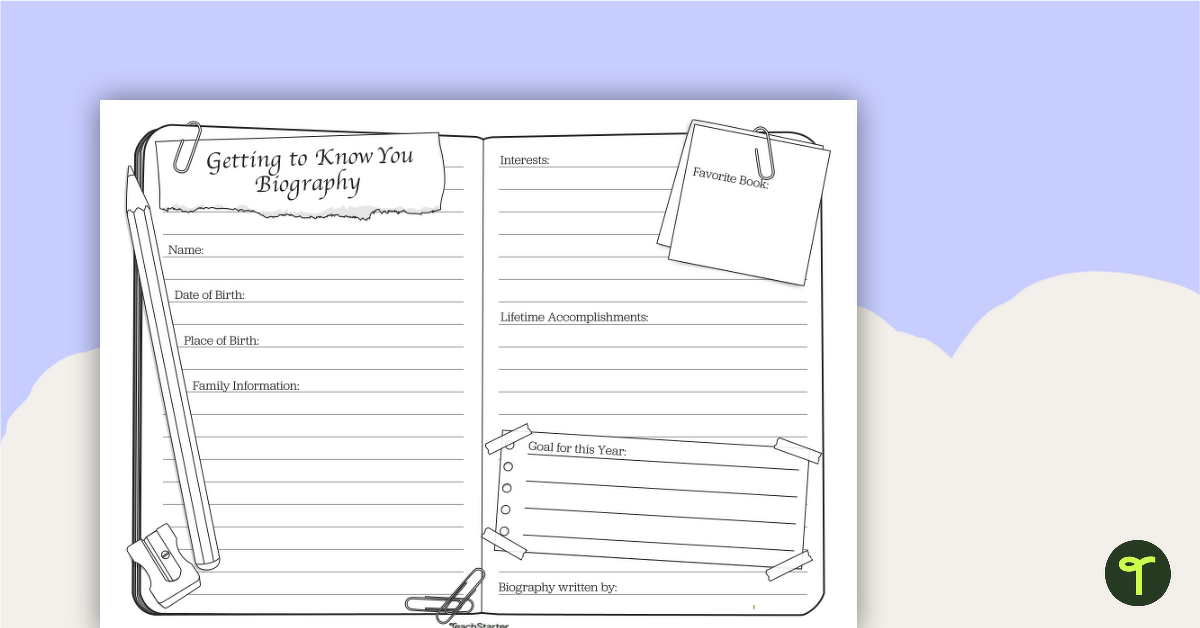 A colorful getting to know you student biography worksheet template with sections for personal details and interests