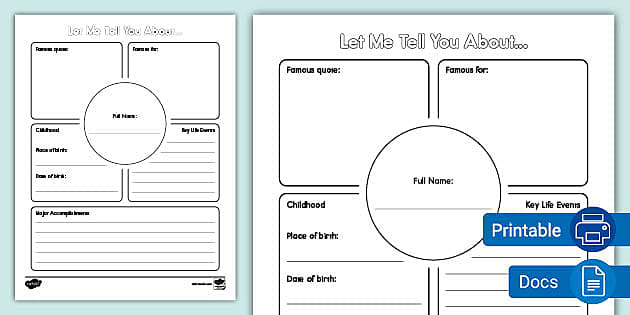 A Let Me Tell You About biography template designed for K-2nd grade students