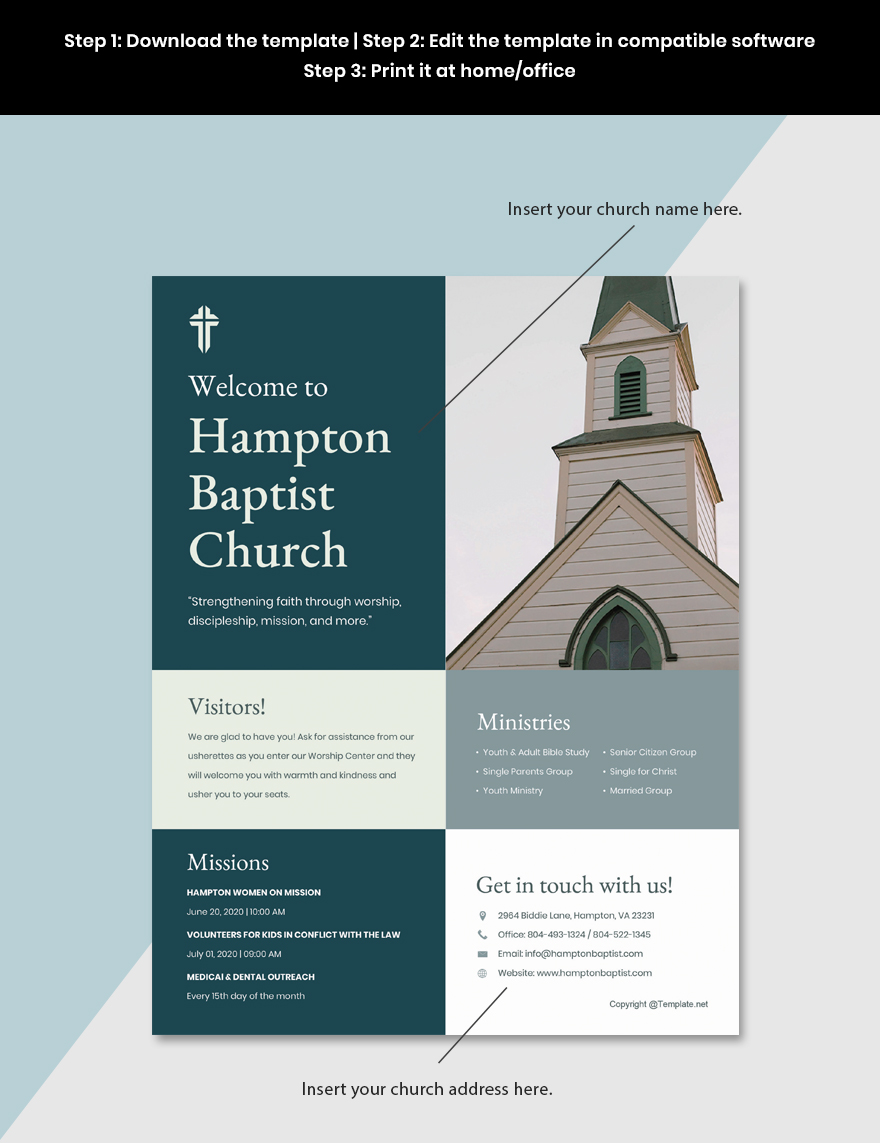 A printable church bulletin template showing a clean, multi-column layout suitable for Microsoft Word or Publisher.