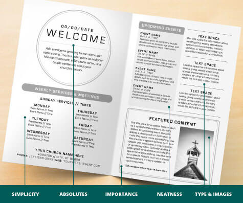Infographic detailing the S.A.I.N.T design method for church bulletins.