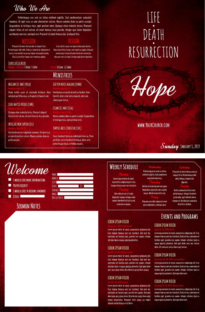 A modern church bulletin layout showing a clean interior spread with ample white space.