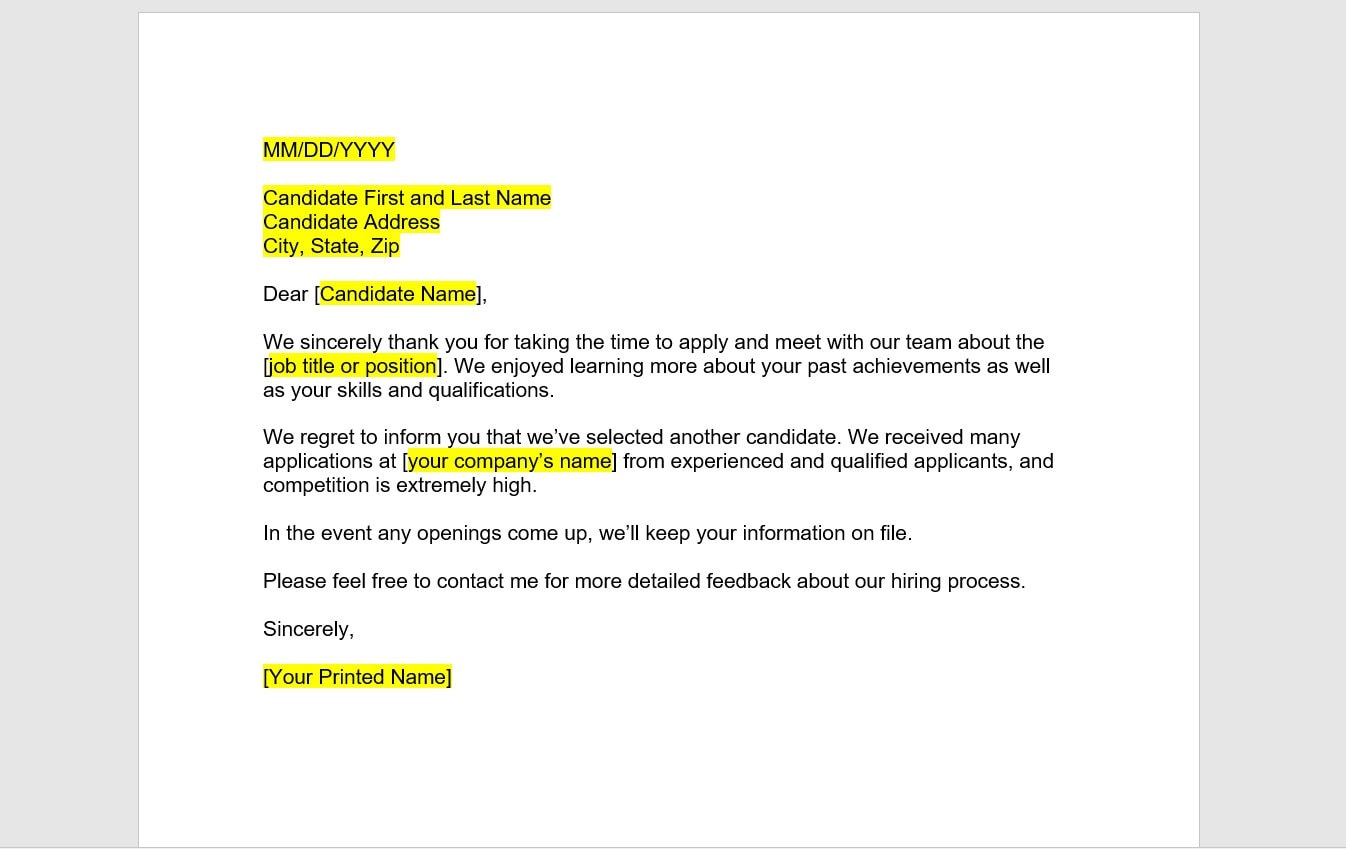 Internal Rejection Format Example 12 Rejection Letter Templates