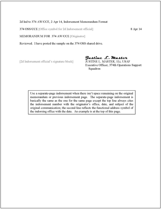 Examples of Official Memorandum formatting and indorsement sequencing