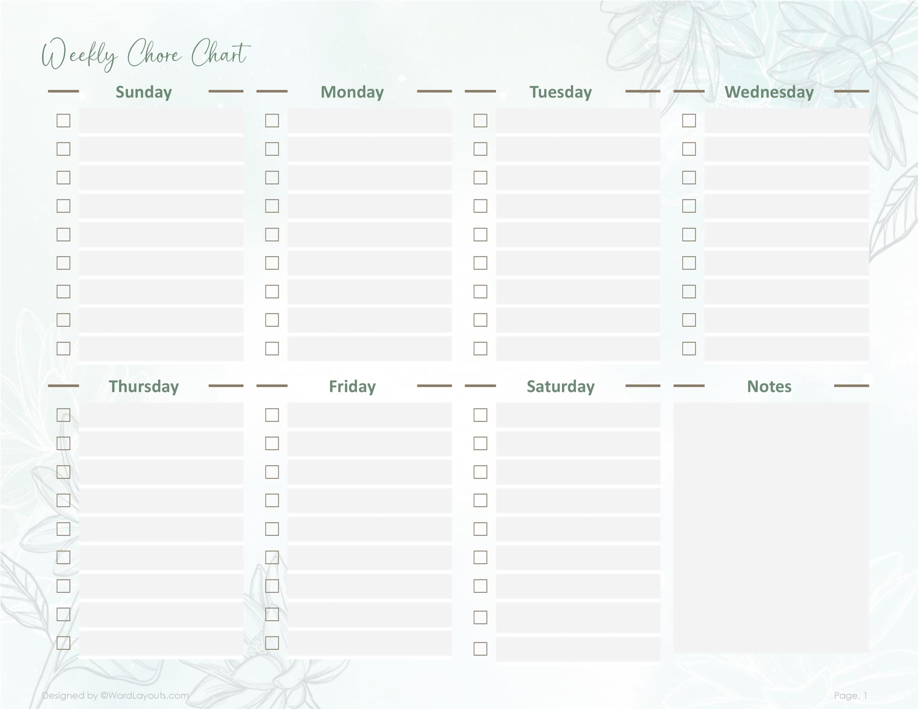 A clean, minimalist printable weekly chore chart template suitable for adults and roommates