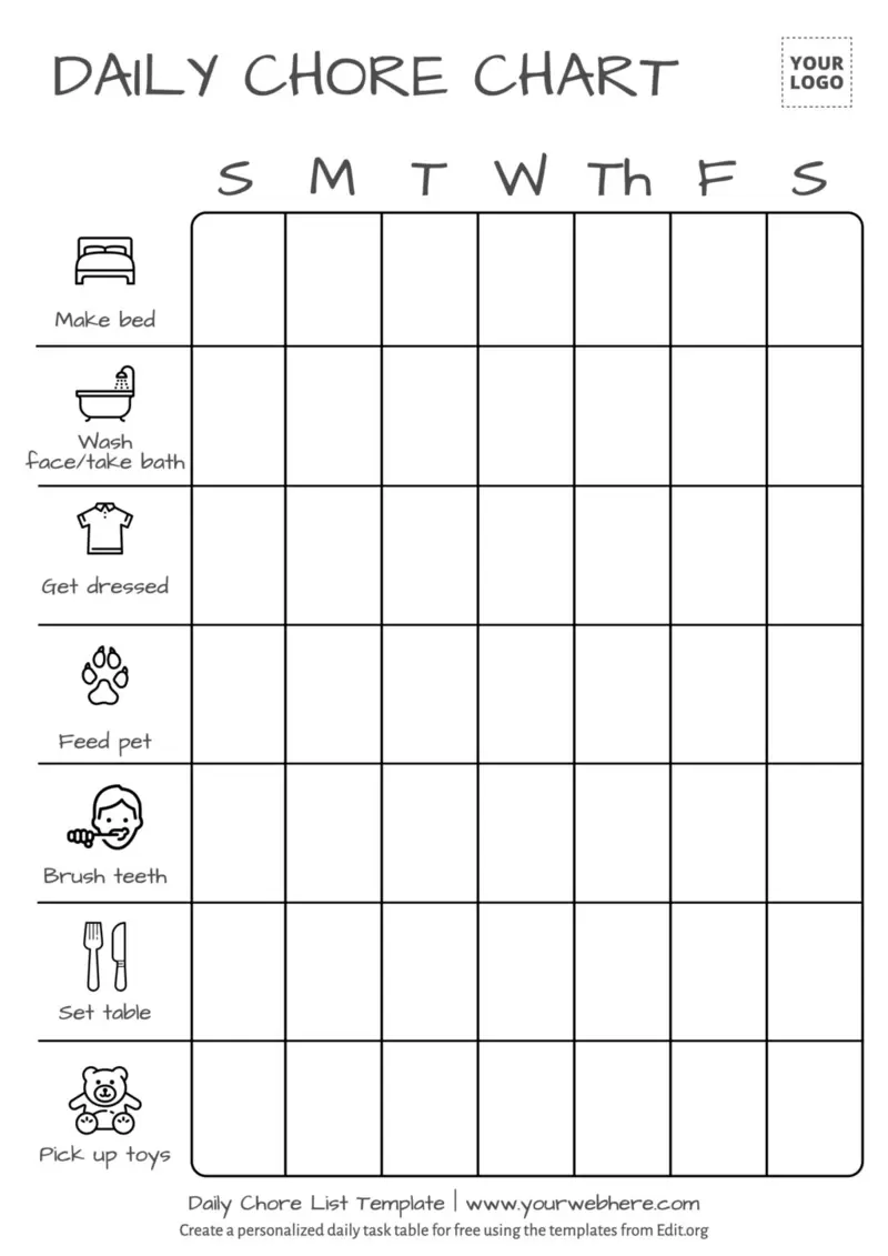 A detailed daily and weekly chore chart template showing task breakdowns