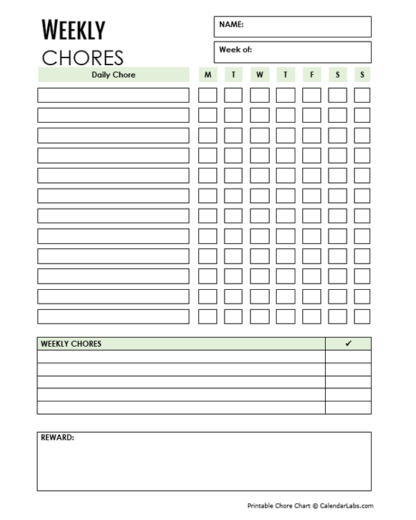A simple weekly chore chart layout organized by days of the week