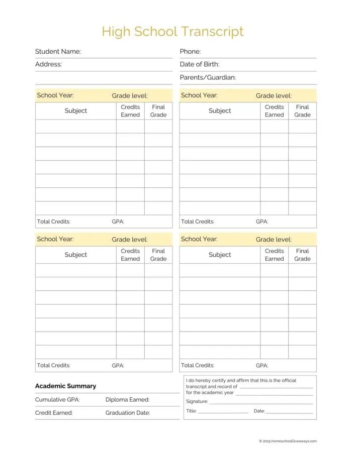 Free Homeschool Transcript Templates